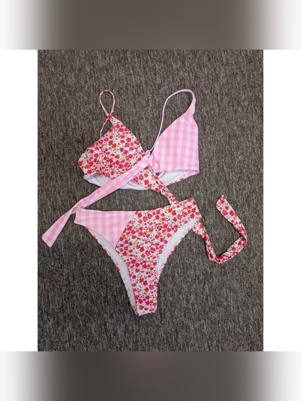 Shein Pink and Red Floral Print Two-Piece Bikini